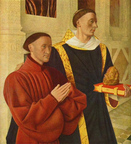 Jean Fouquet left wing of Melun diptych depicts Etienne Chevalier with his patron saint St. Stephen